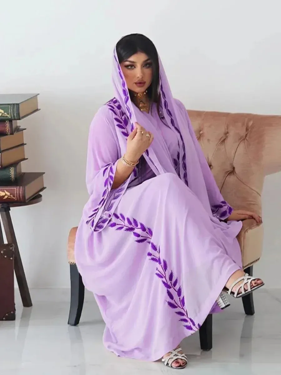 Abaya Muslim Eid untuk Wanita Pakaian Sulaman dengan Tudung Set 2 Keping Dubai Arab Jubah Panjang Maghribi Abaya Kaftan Tudung Cantik