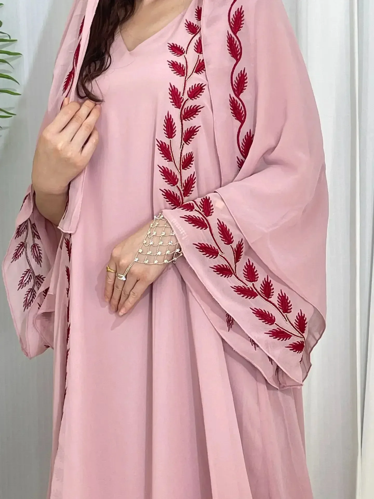 Abaya Muslim Eid untuk Wanita Pakaian Sulaman dengan Tudung Set 2 Keping Dubai Arab Jubah Panjang Maghribi Abaya Kaftan Tudung Cantik