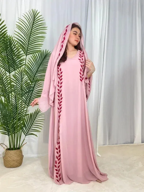 Abaya Muslim Eid untuk Wanita Pakaian Sulaman dengan Tudung Set 2 Keping Dubai Arab Jubah Panjang Maghribi Abaya Kaftan Tudung Cantik