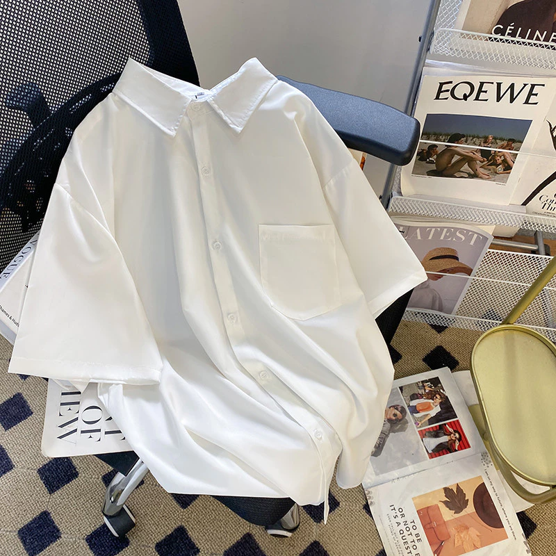 Solid Color High-End Short-Sleeved White Shirt Men Summer Japanese Simple Trendy Loose Casual All-Match Boys Top Clothes