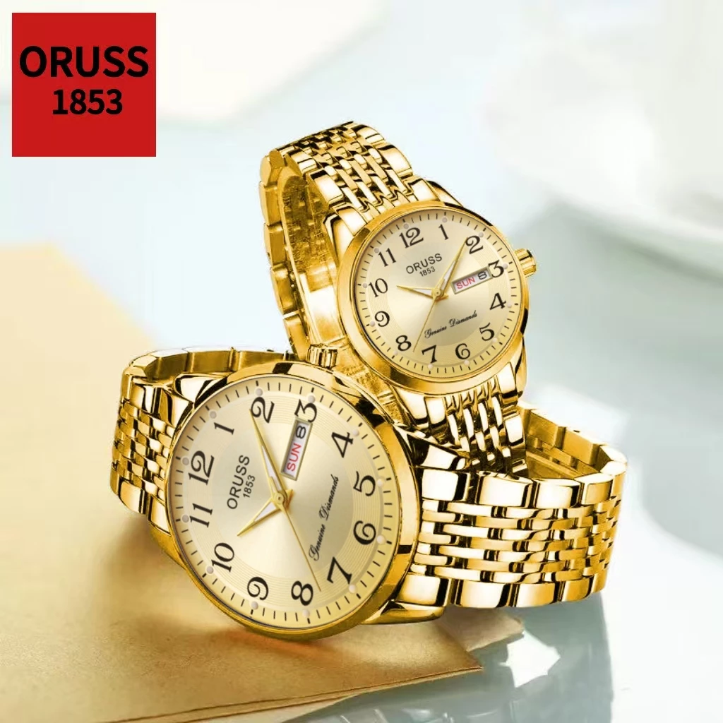 ORUSS Original Couple 2 Pcs Stainless Steel Luminous Luxury Gold Waterproof Dual Calendar Fashion Watch Analog Korean Automatic
