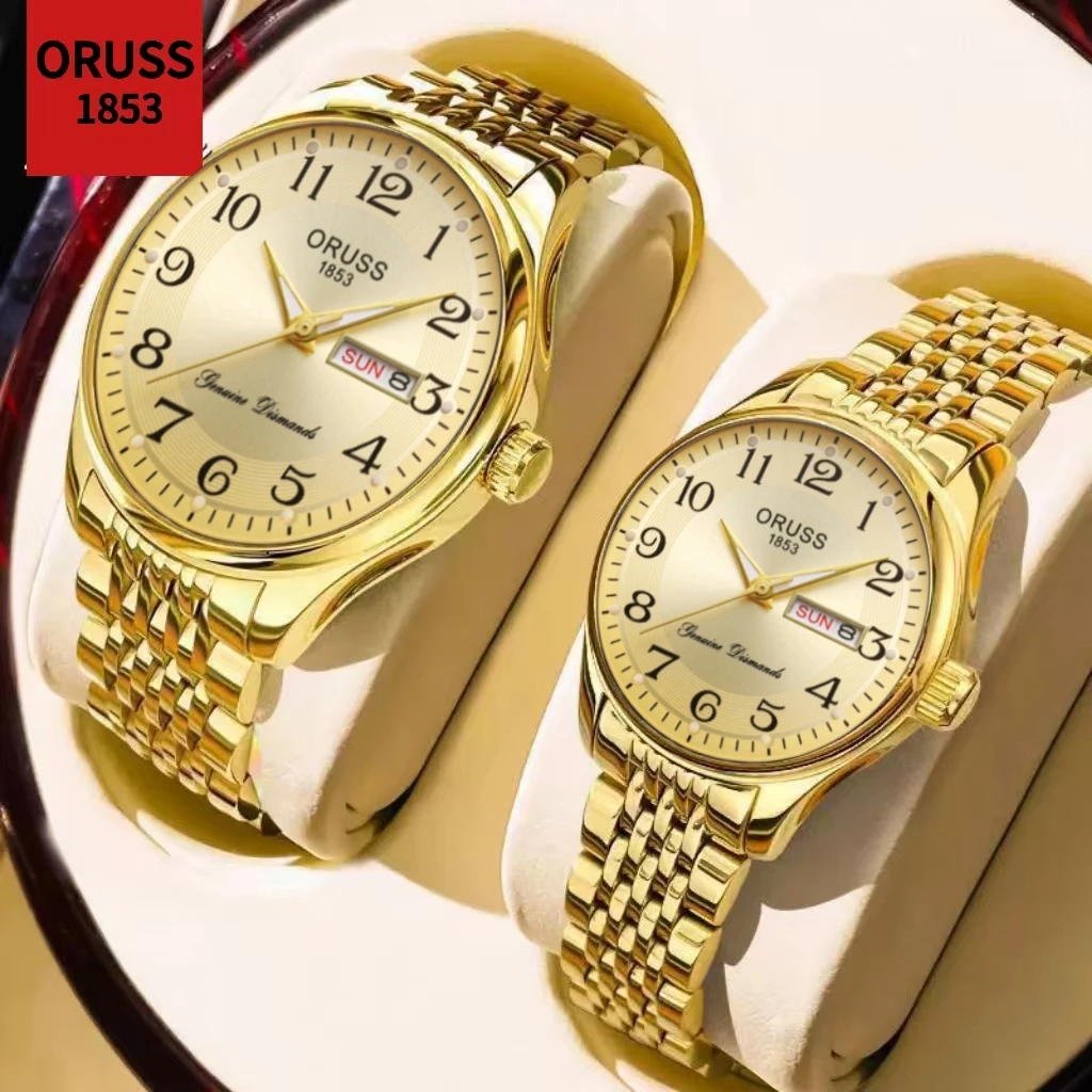 ORUSS Original Couple 2 Pcs Stainless Steel Luminous Luxury Gold Waterproof Dual Calendar Fashion Watch Analog Korean Automatic