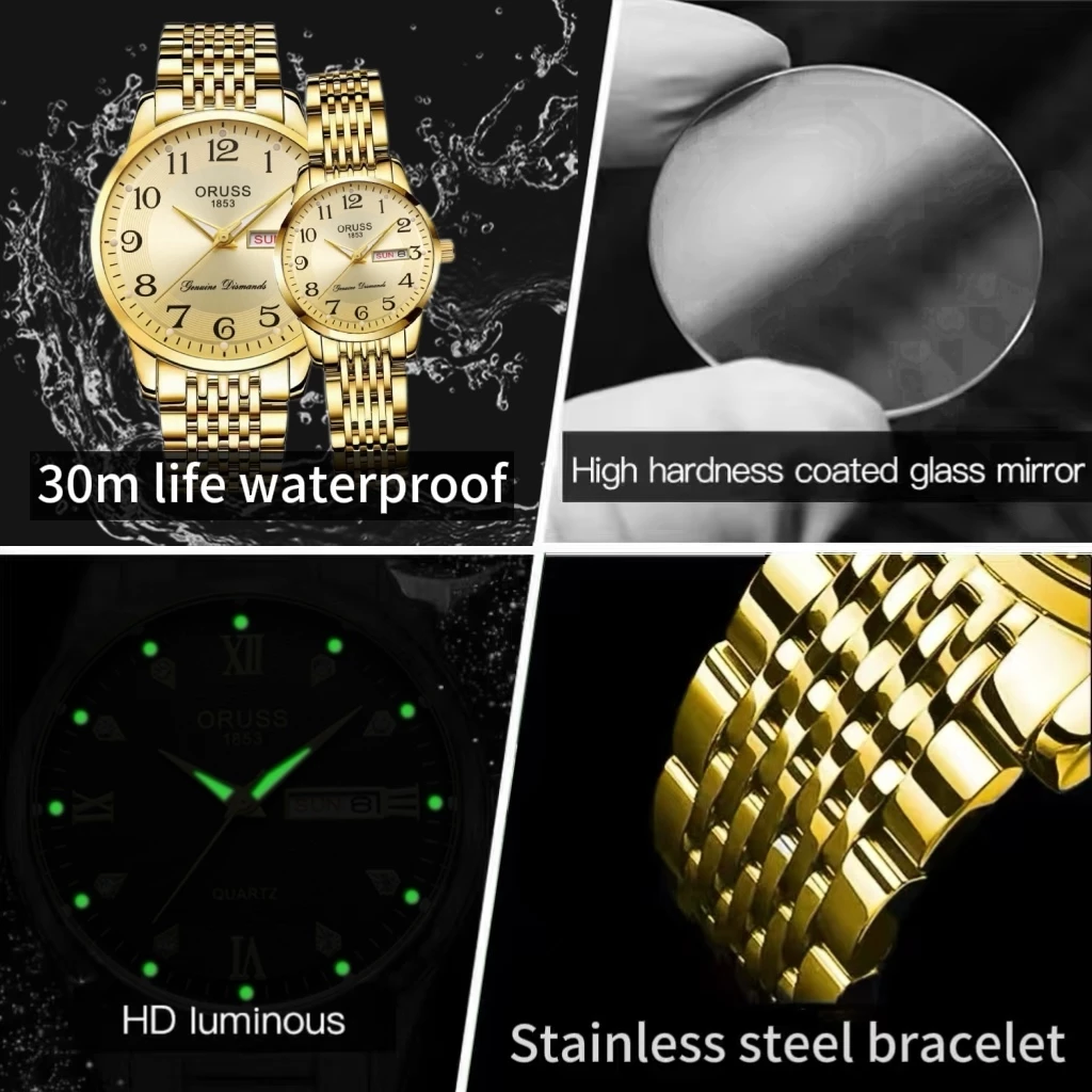 ORUSS Original Couple 2 Pcs Stainless Steel Luminous Luxury Gold Waterproof Dual Calendar Fashion Watch Analog Korean Automatic