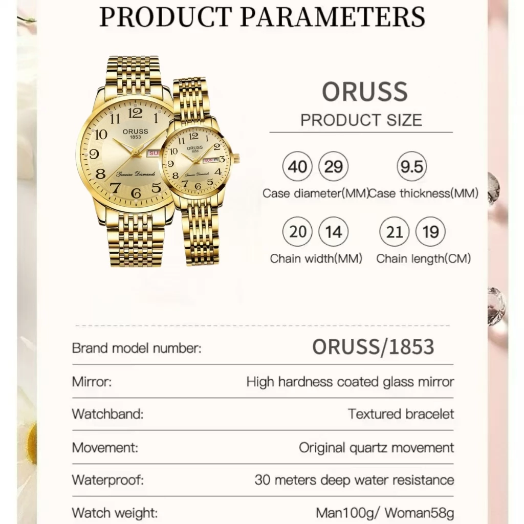 ORUSS Original Couple 2 Pcs Stainless Steel Luminous Luxury Gold Waterproof Dual Calendar Fashion Watch Analog Korean Automatic