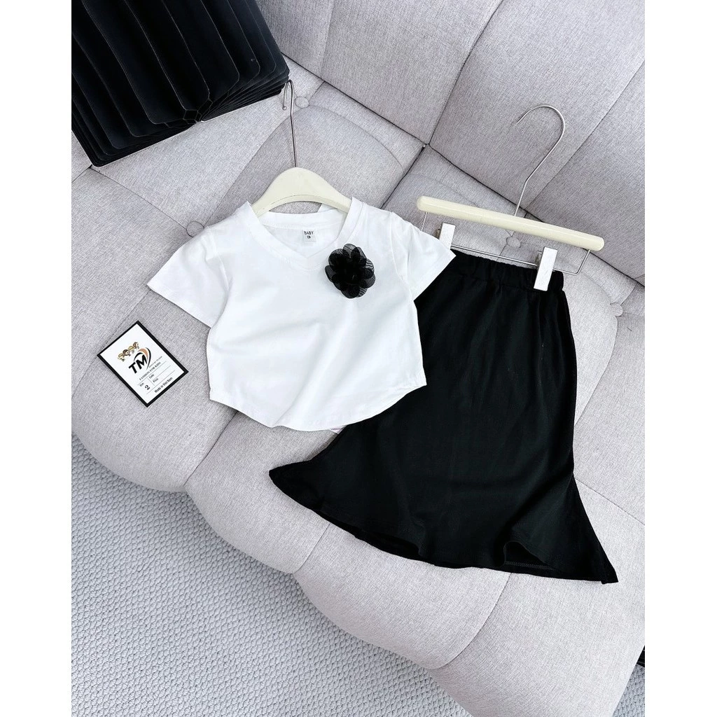 White Cotton Shirt with Flowers + Fishtail Skirt for Girls 10-30kg