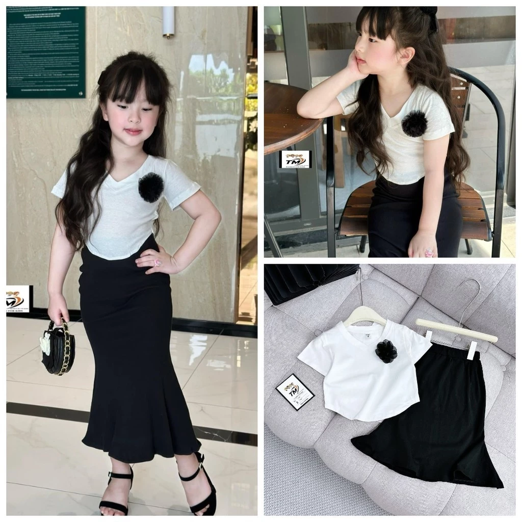 White Cotton Shirt with Flowers + Fishtail Skirt for Girls 10-30kg