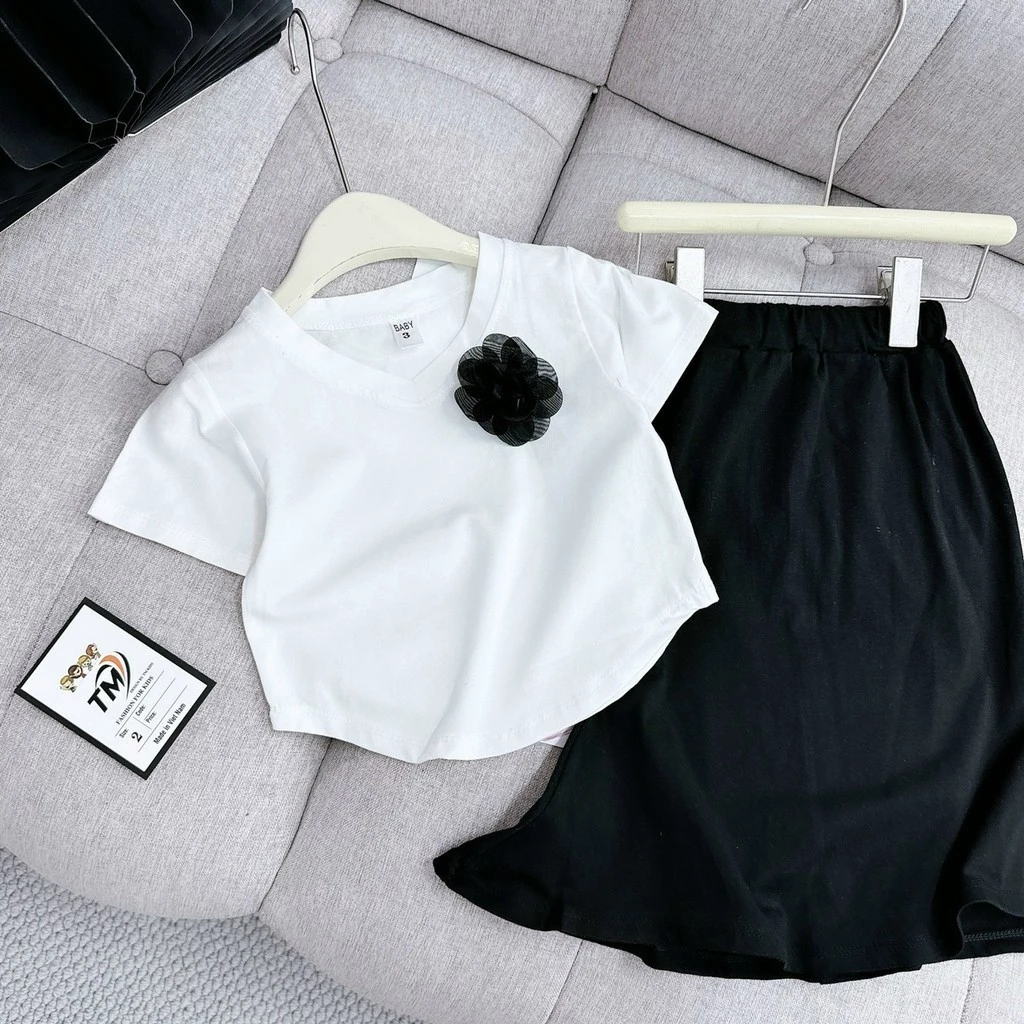 White Cotton Shirt with Flowers + Fishtail Skirt for Girls 10-30kg