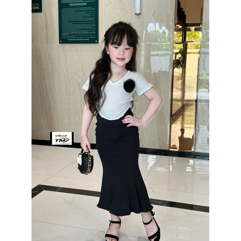 White Cotton Shirt with Flowers + Fishtail Skirt for Girls 10-30kg