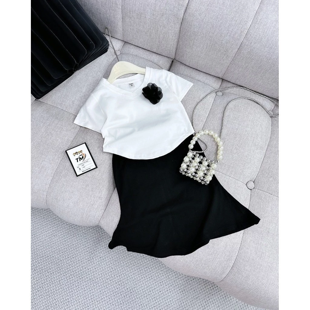 White Cotton Shirt with Flowers + Fishtail Skirt for Girls 10-30kg