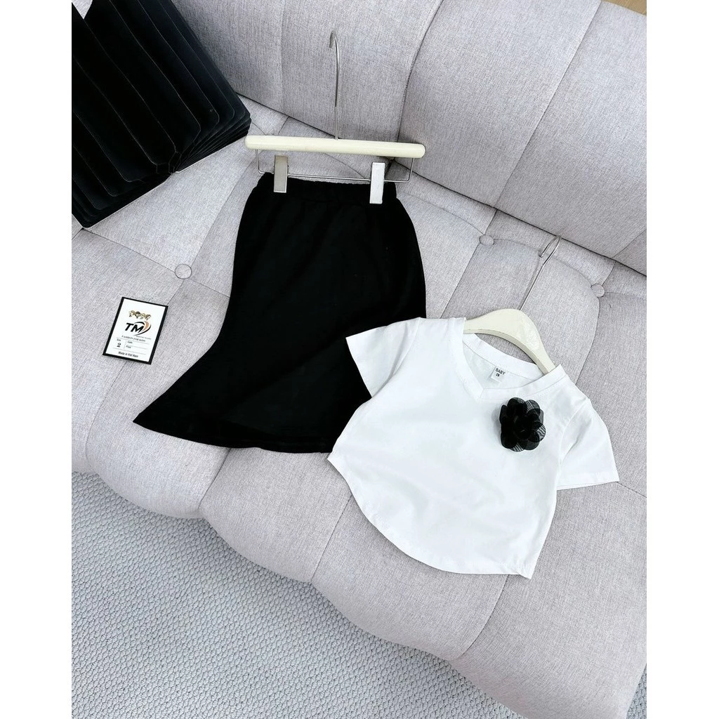 White Cotton Shirt with Flowers + Fishtail Skirt for Girls 10-30kg