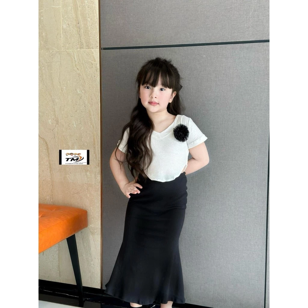 White Cotton Shirt with Flowers + Fishtail Skirt for Girls 10-30kg