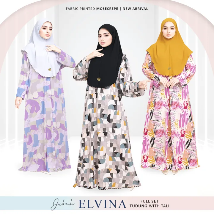 * Raya Arrival 2024 * ELVINA Free Size Jubah Printed Mosecrepe (S to 3XL can wear) Tudung Free Gift by H&H Textiles