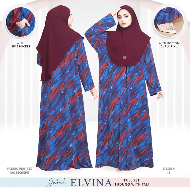 * Raya Arrival 2024 * ELVINA Free Size Jubah Printed Mosecrepe (S to 3XL can wear) Tudung Free Gift by H&H Textiles
