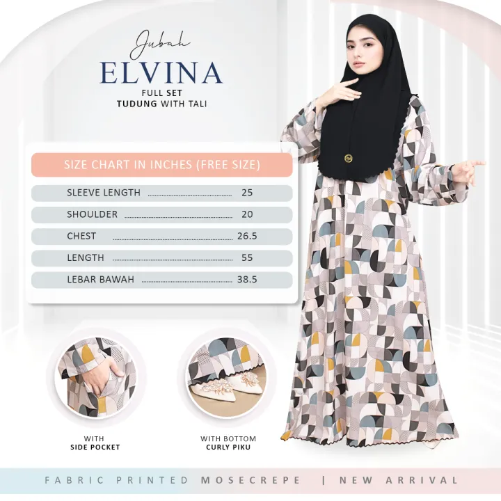 * Raya Arrival 2024 * ELVINA Free Size Jubah Printed Mosecrepe (S to 3XL can wear) Tudung Free Gift by H&H Textiles