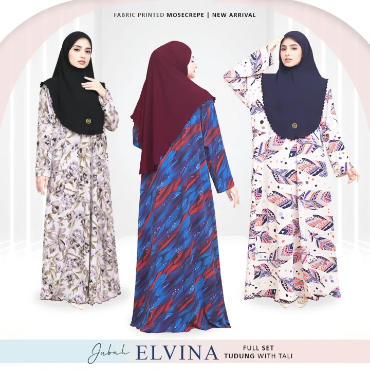 * Raya Arrival 2024 * ELVINA Free Size Jubah Printed Mosecrepe (S to 3XL can wear) Tudung Free Gift by H&H Textiles