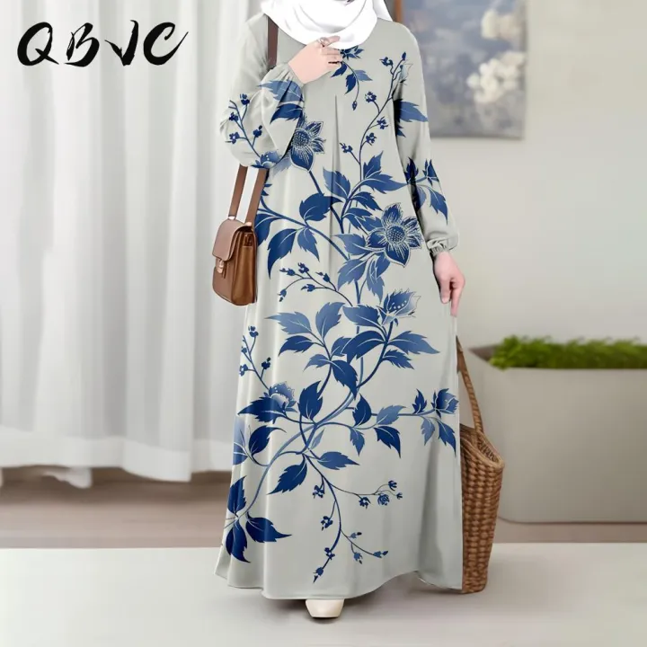 Abaya Muslim, QBVC, Segar dan Kasual, Elegan, Corak Bunga Biru, Gaun Lengan Panjang Wanita,