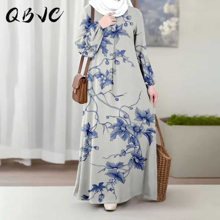Abaya Muslim, QBVC, Segar dan Kasual, Elegan, Corak Bunga Biru, Gaun Lengan Panjang Wanita,