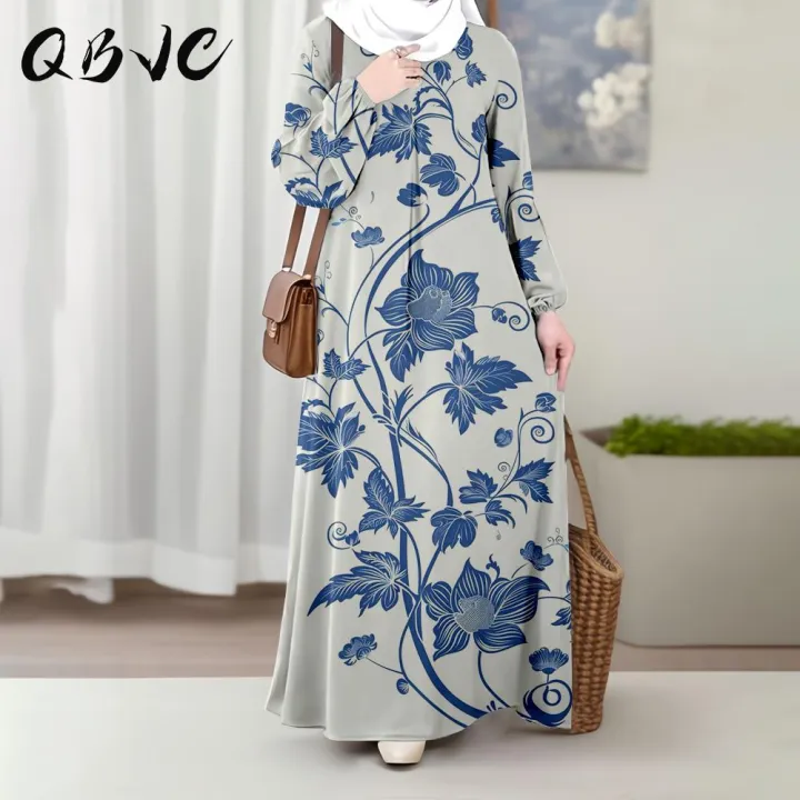 Abaya Muslim, QBVC, Segar dan Kasual, Elegan, Corak Bunga Biru, Gaun Lengan Panjang Wanita,