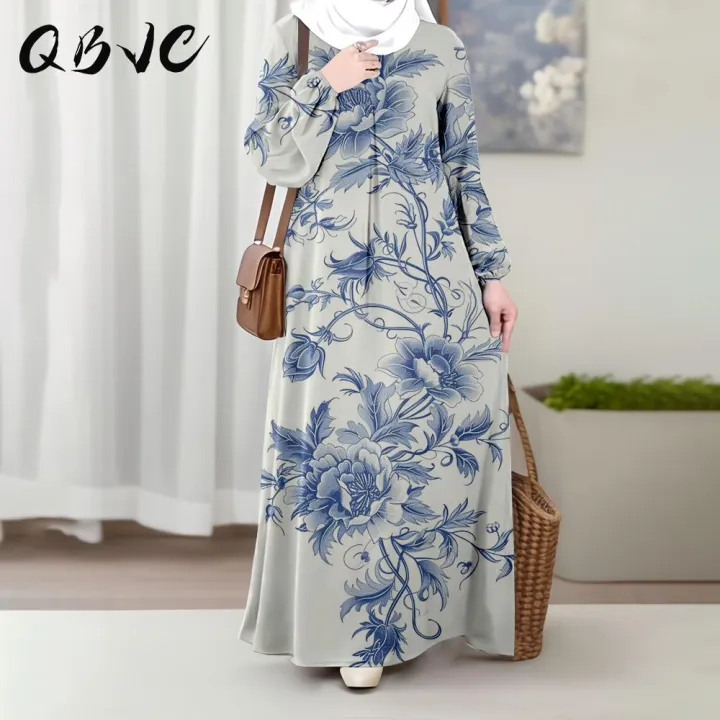Abaya Muslim, QBVC, Segar dan Kasual, Elegan, Corak Bunga Biru, Gaun Lengan Panjang Wanita,
