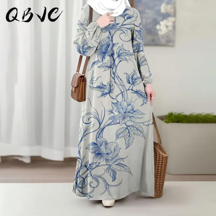 Abaya Muslim, QBVC, Segar dan Kasual, Elegan, Corak Bunga Biru, Gaun Lengan Panjang Wanita,