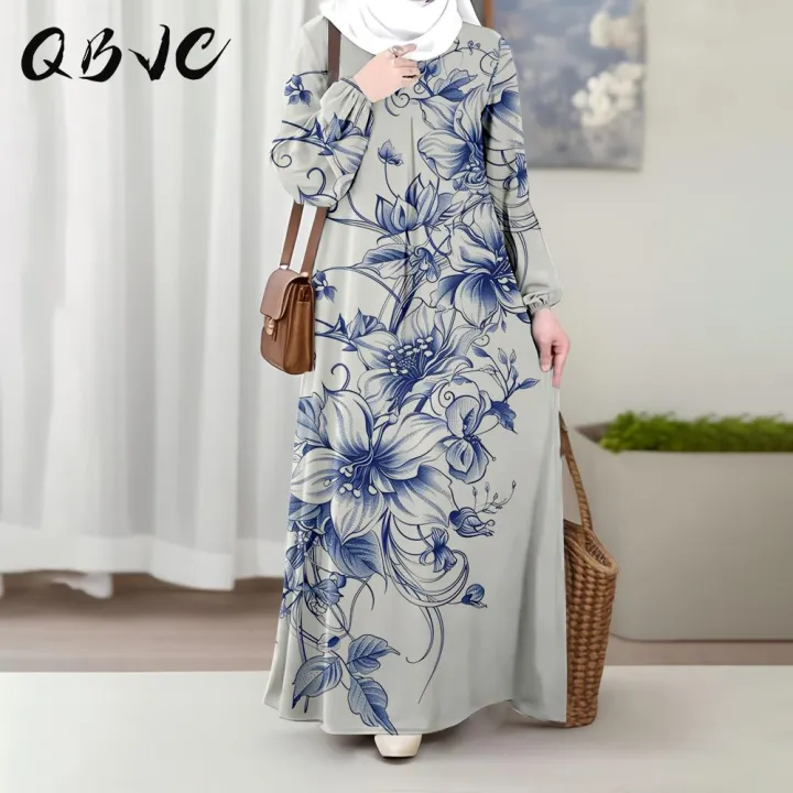 Abaya Muslim, QBVC, Segar dan Kasual, Elegan, Corak Bunga Biru, Gaun Lengan Panjang Wanita,