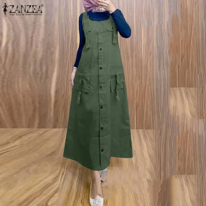 ZANZEA Muslimah Women Muslim Slip Dress Raya Clothes Plain Midi Dresses Fashion A-Line Robe Sundress