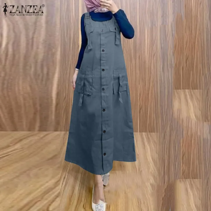 ZANZEA Muslimah Women Muslim Slip Dress Raya Clothes Plain Midi Dresses Fashion A-Line Robe Sundress