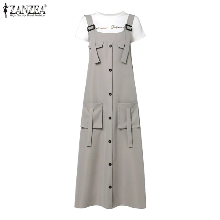 ZANZEA Muslimah Women Muslim Slip Dress Raya Clothes Plain Midi Dresses Fashion A-Line Robe Sundress