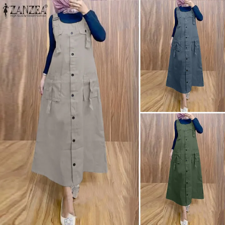 ZANZEA Muslimah Women Muslim Slip Dress Raya Clothes Plain Midi Dresses Fashion A-Line Robe Sundress