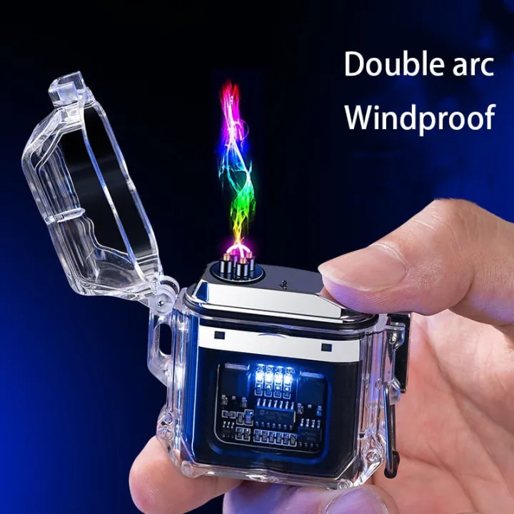 Double Arc Lighter USB Rechargeable Waterproof Electronic Transparent Fashion Lighter for Men, Gadgets for Men Camping Hiking Survival Tactical