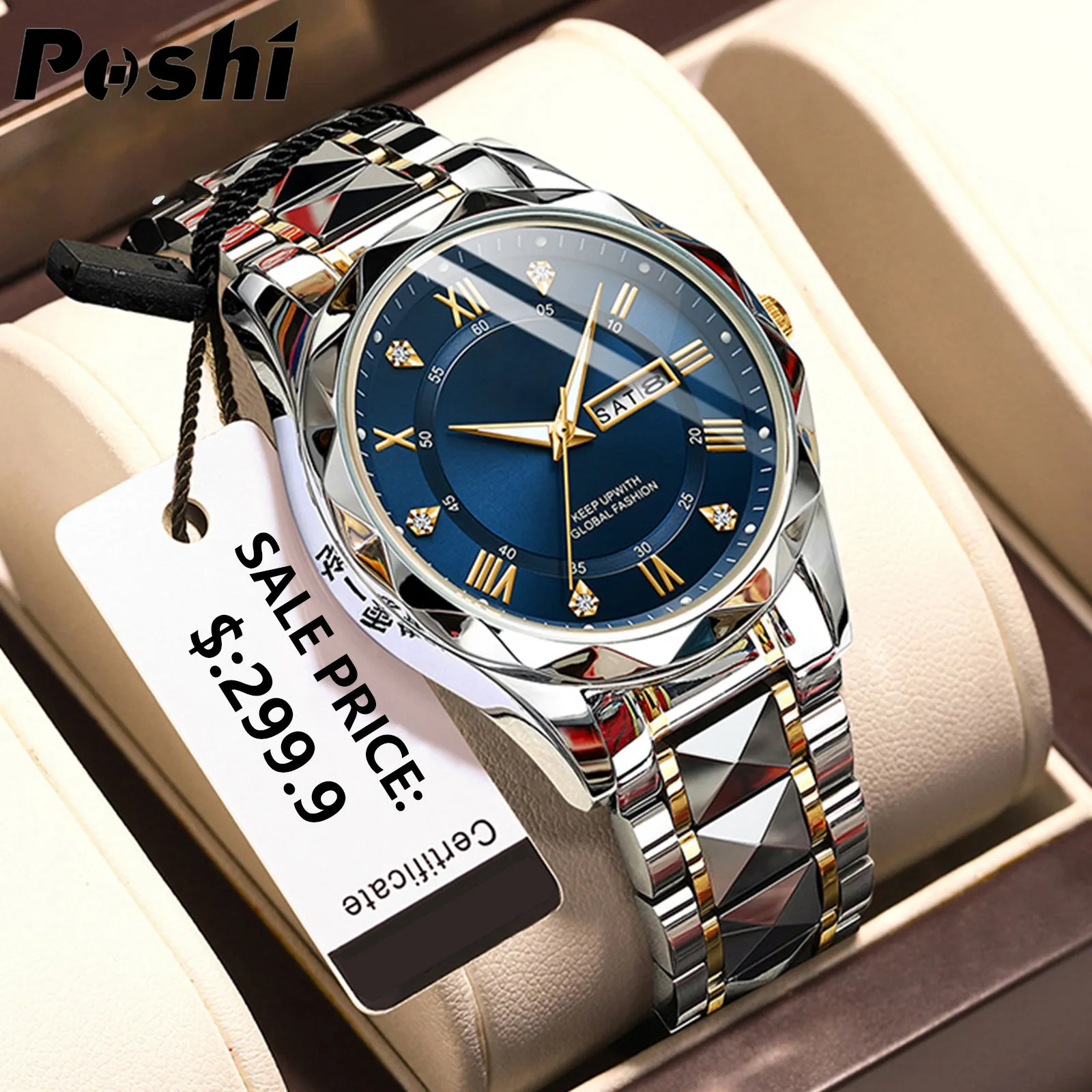 POSHI Waterproof Mens Watches Quartz Business Watch For Men Original Silver Stainless Steel Luminous Dual Calendar Charm Watches