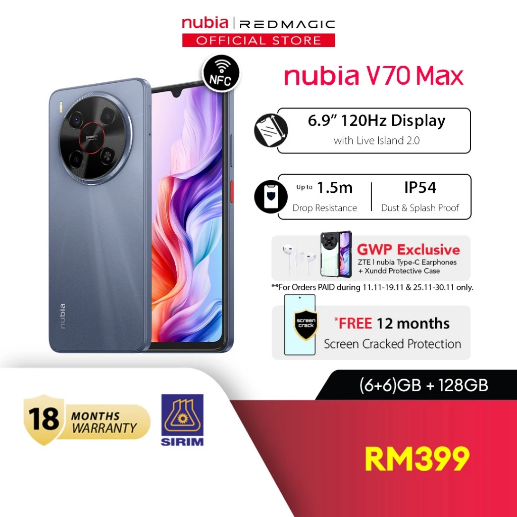 nubia V70 Max 4G Smartphone 12(6+6)GB+128GB 6.9" HD+ 120Hz Display I 6000mAh I IP54 Splash Proof