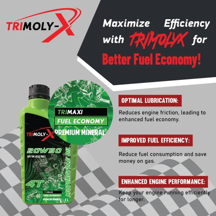 TRIMOLY-X TRIMOLYX 4T 20W50 1L MINERAL API SM JASO MA2 Motorcycle Engine Oil Minyak Hitam Pelincir Motosikal