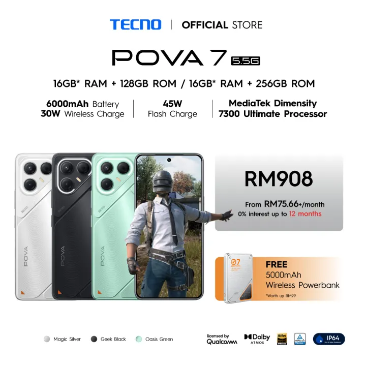 TECNO Pova 7 5G Smartphone (16GB* RAM + 128GB | 256GB ROM) Dimensity 7300 Ultimate / 6.78” 144Hz FHD+