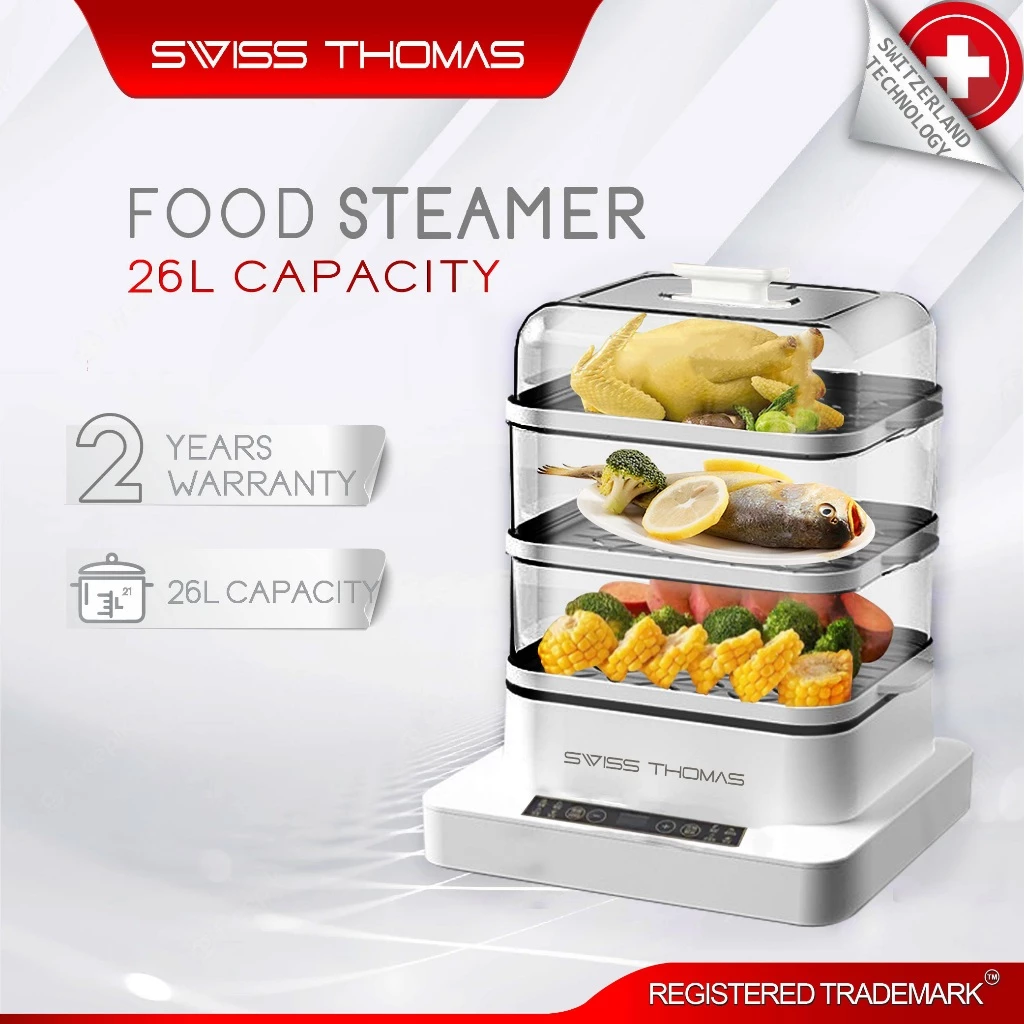 Swiss Thomas Electric Food Steamer 3 Tier Transparent Cover Digital Periuk Pengukus (26L)