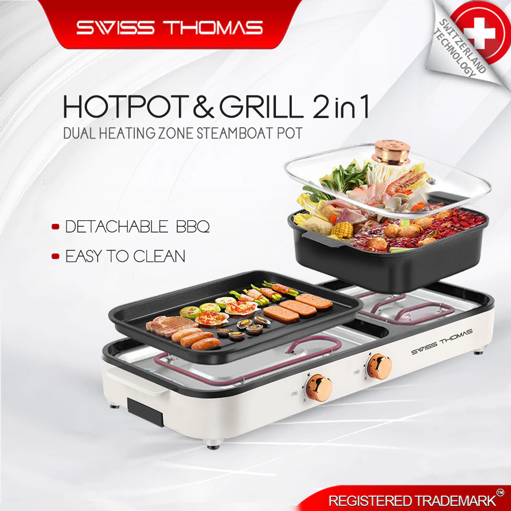 SwissThomas (68x28cm) Barbeque BBQ Steamboat Pot BBQ Grill Plate Detachable Electric Marble Stone Mookata Pot