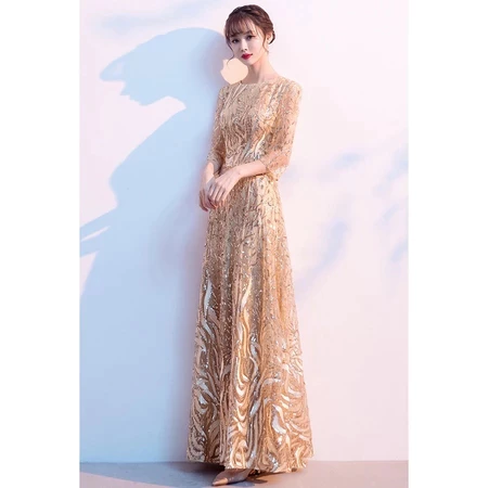 DINNER DRESS New sequins Gold long annual meeting banquet evening dress high-end luxury women's dresses