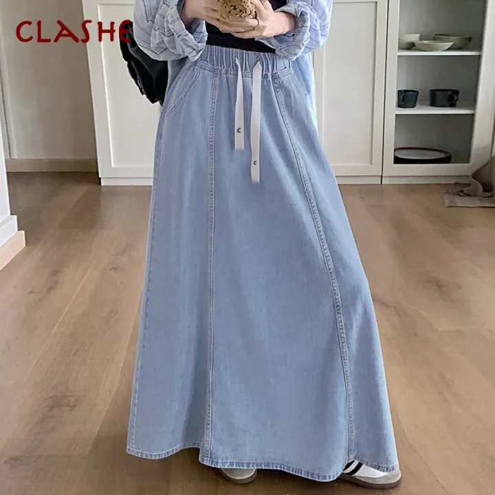 Clashe Skirts For Women Korean Style Loose A-line Rok Perempuan Pinggang Getah Denim Skirts