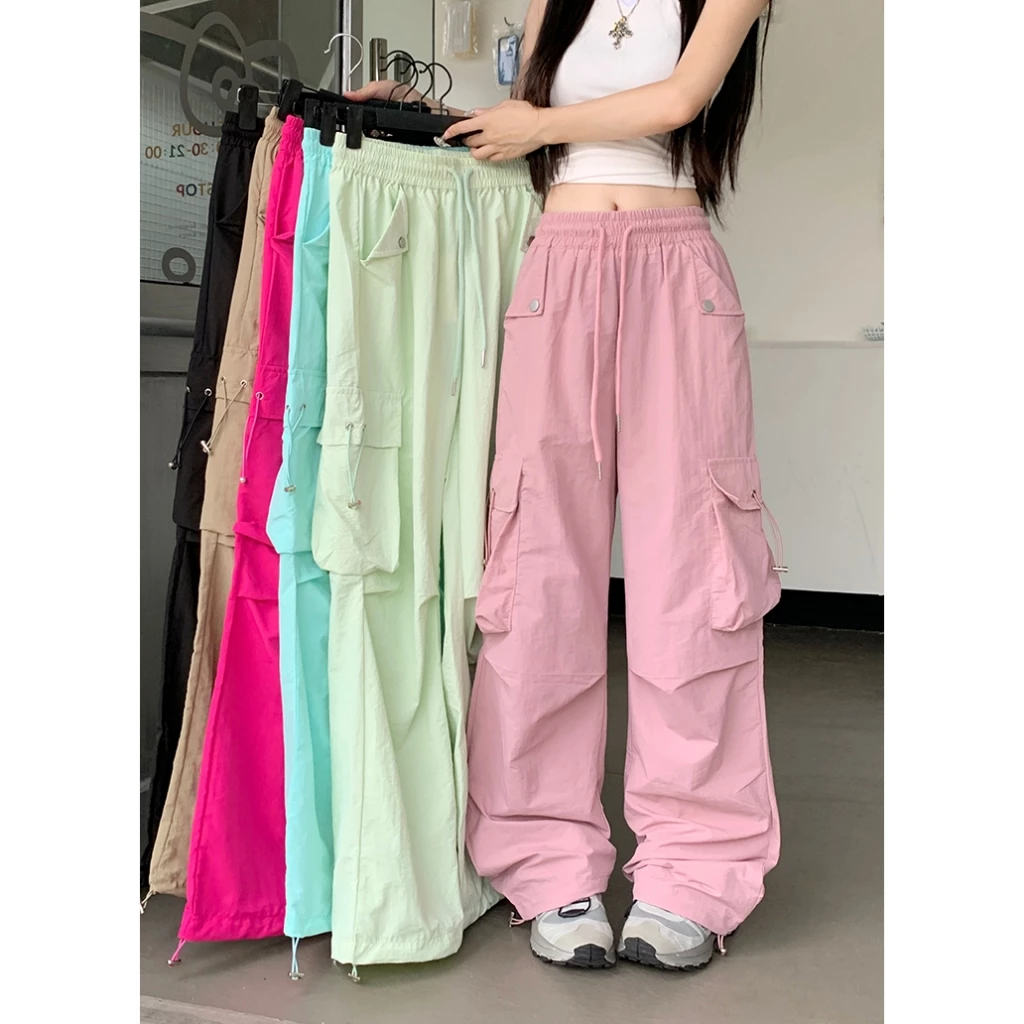 Women Elastic Waist Drawstring Cuffed Ankle Pocket Wide Leg Casual Pants Lazy Style Oversized Drop Crotch Utility Joggers