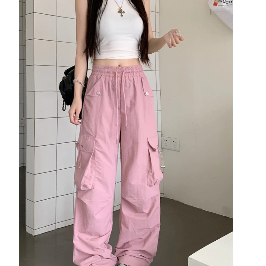 Women Elastic Waist Drawstring Cuffed Ankle Pocket Wide Leg Casual Pants Lazy Style Oversized Drop Crotch Utility Joggers