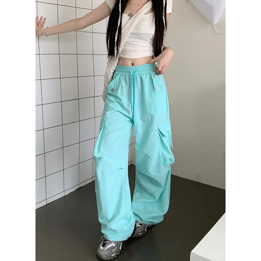 Women Elastic Waist Drawstring Cuffed Ankle Pocket Wide Leg Casual Pants Lazy Style Oversized Drop Crotch Utility Joggers