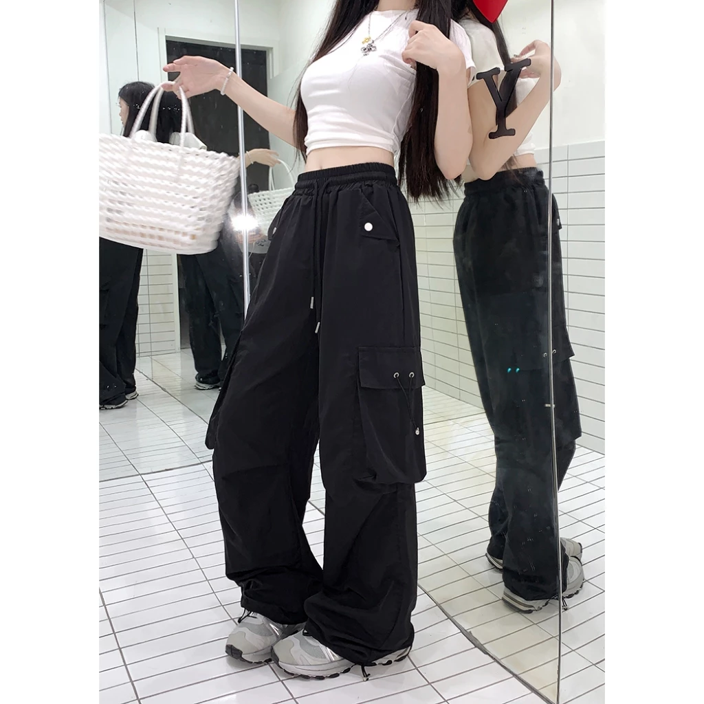 Women Elastic Waist Drawstring Cuffed Ankle Pocket Wide Leg Casual Pants Lazy Style Oversized Drop Crotch Utility Joggers