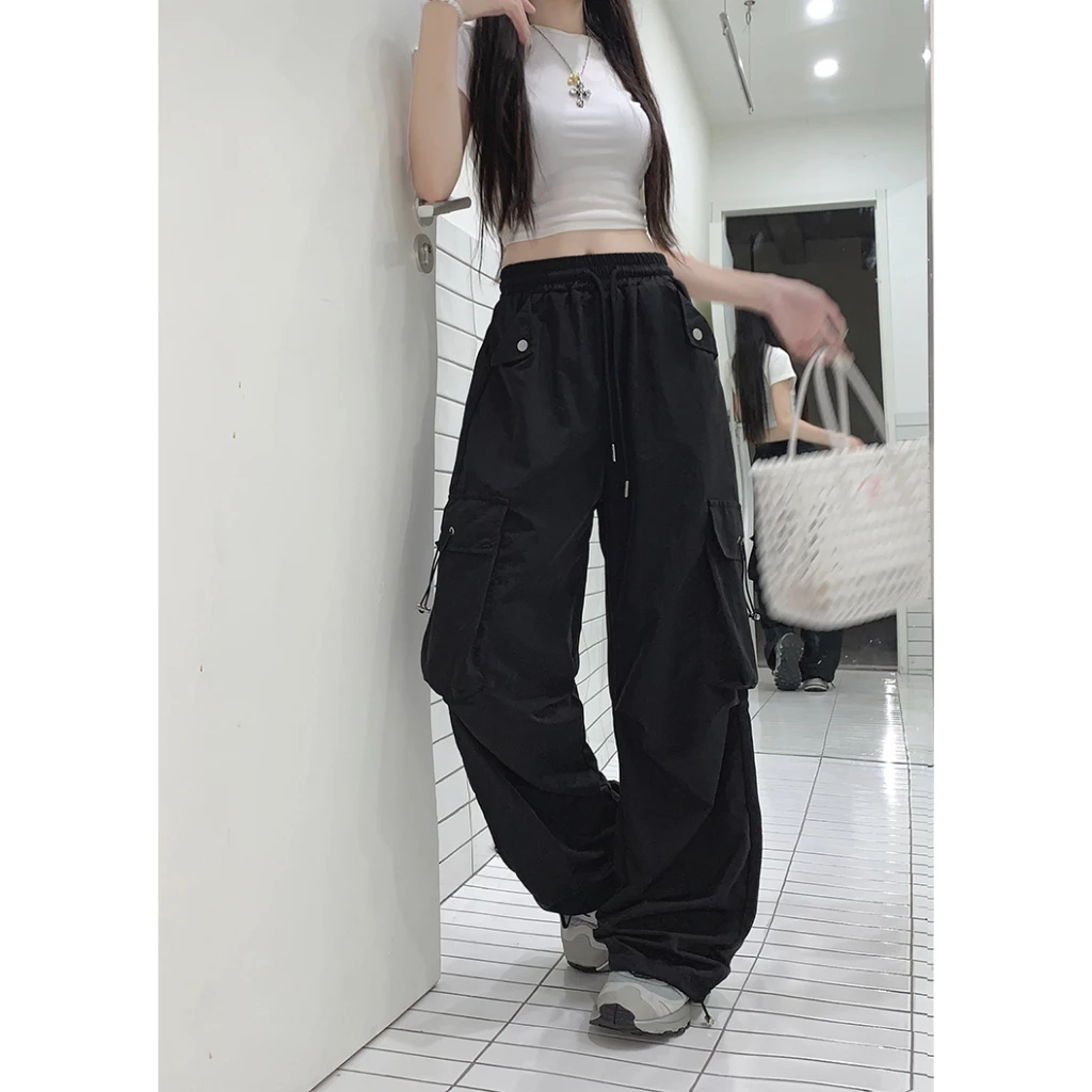 Women Elastic Waist Drawstring Cuffed Ankle Pocket Wide Leg Casual Pants Lazy Style Oversized Drop Crotch Utility Joggers