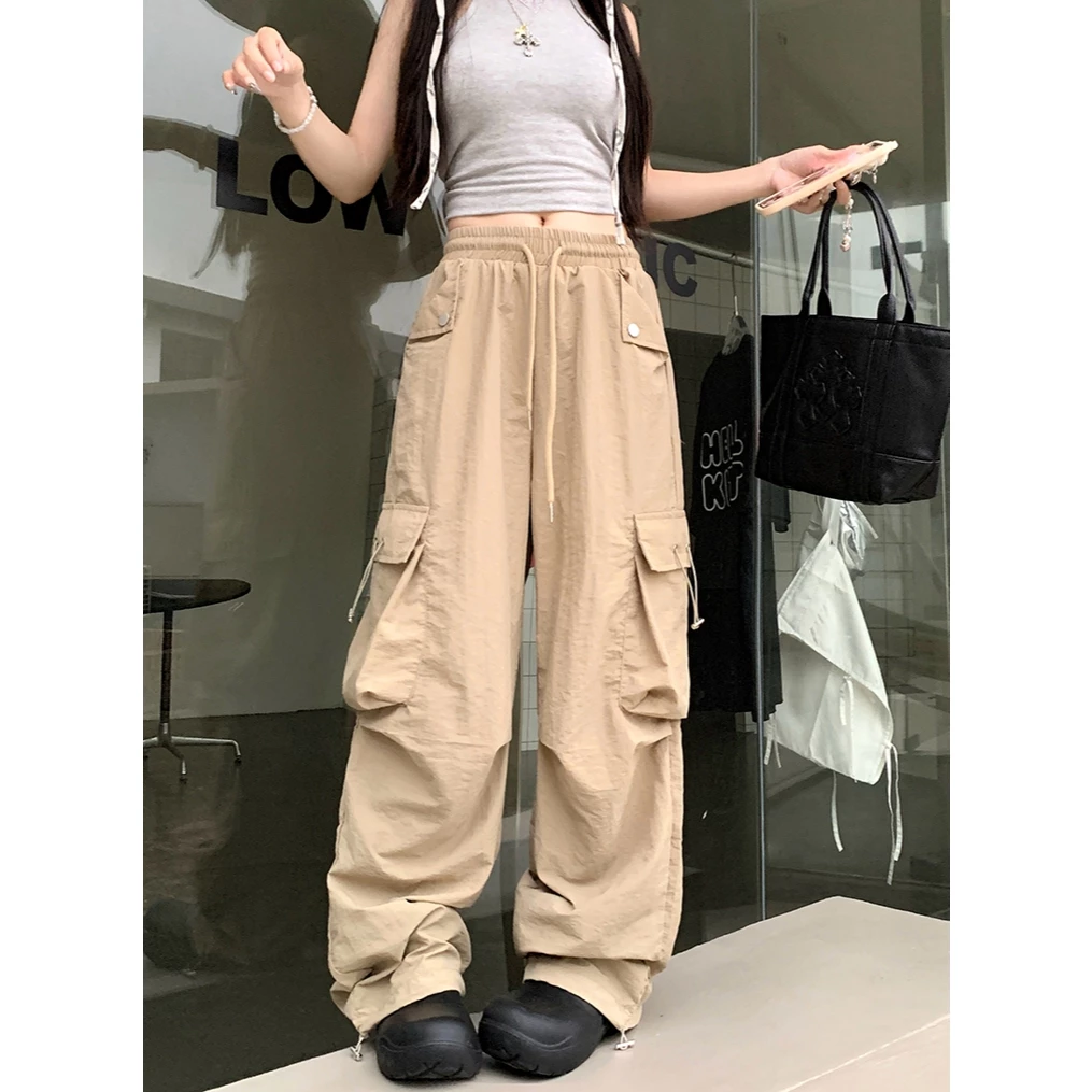 Women Elastic Waist Drawstring Cuffed Ankle Pocket Wide Leg Casual Pants Lazy Style Oversized Drop Crotch Utility Joggers