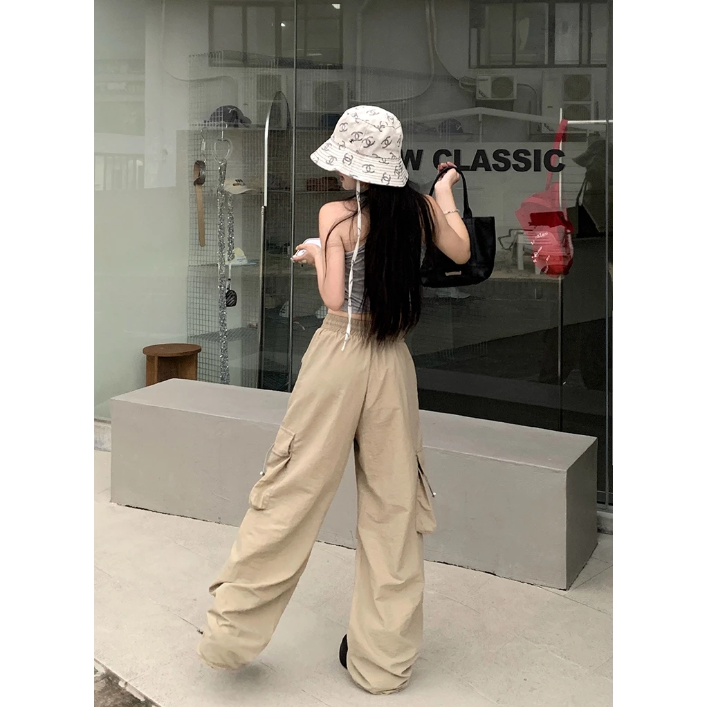 Women Elastic Waist Drawstring Cuffed Ankle Pocket Wide Leg Casual Pants Lazy Style Oversized Drop Crotch Utility Joggers