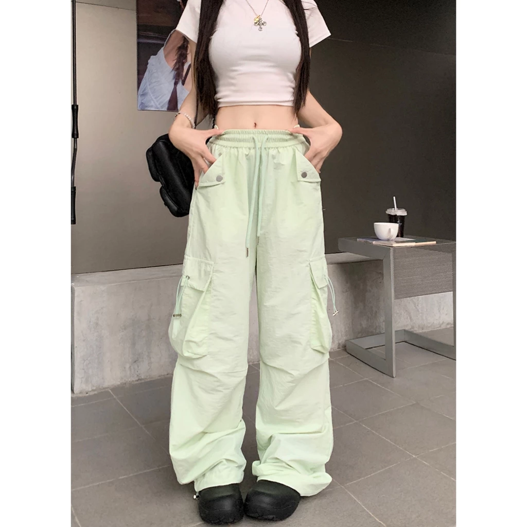 Women Elastic Waist Drawstring Cuffed Ankle Pocket Wide Leg Casual Pants Lazy Style Oversized Drop Crotch Utility Joggers