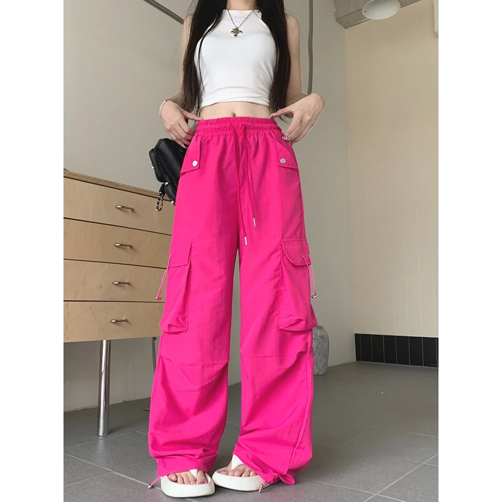 Women Elastic Waist Drawstring Cuffed Ankle Pocket Wide Leg Casual Pants Lazy Style Oversized Drop Crotch Utility Joggers