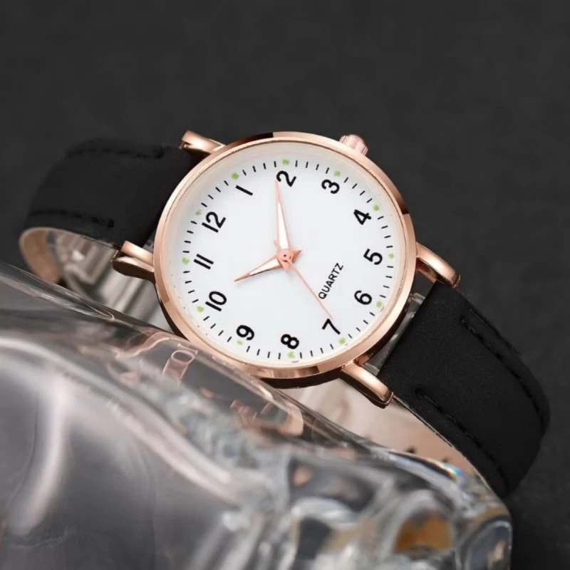 Elegant Women's Quartz Wristwatch 3PCS Set PU Leather Strap Round Dial Watch for Girls Daily Wear Jam Tangan Wanita