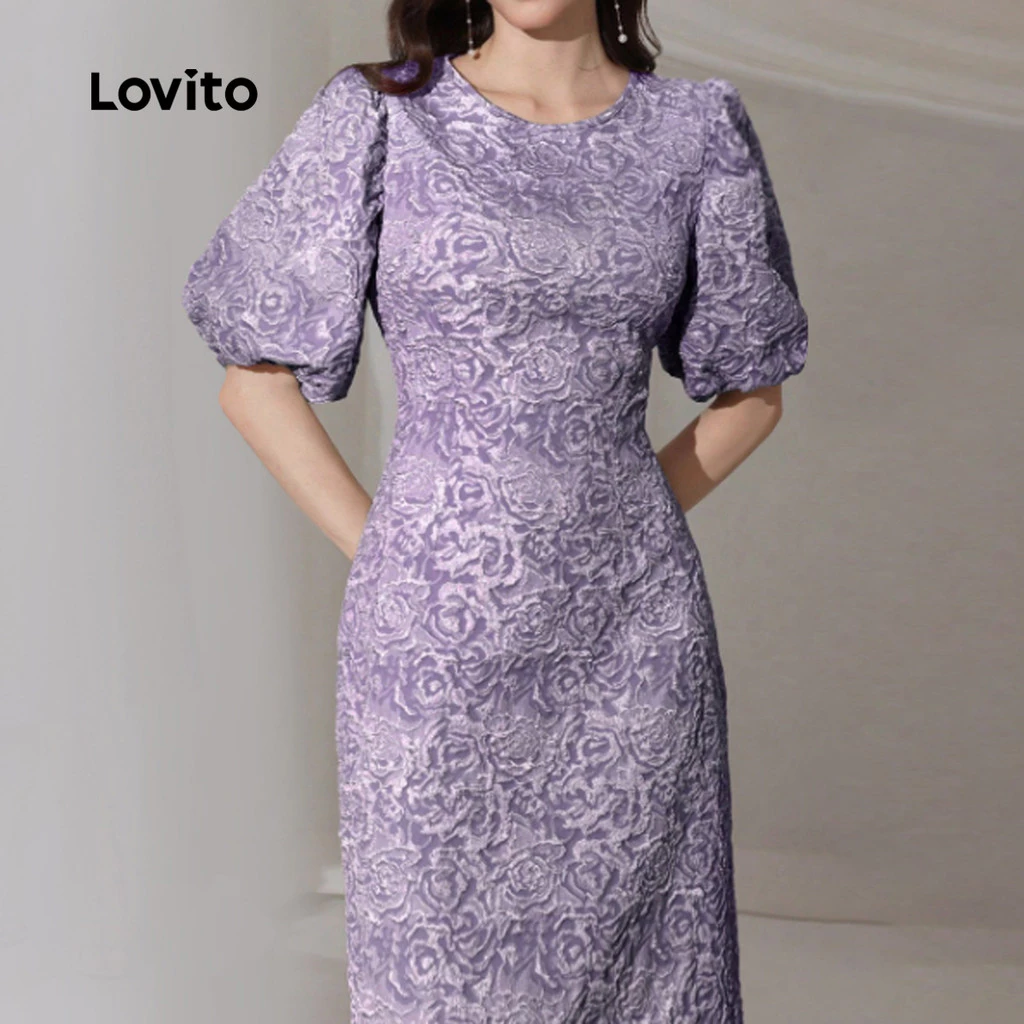 Lovito Elegant Dress Plicated Puff Sleeves Spring/summer Purple Dress for Women