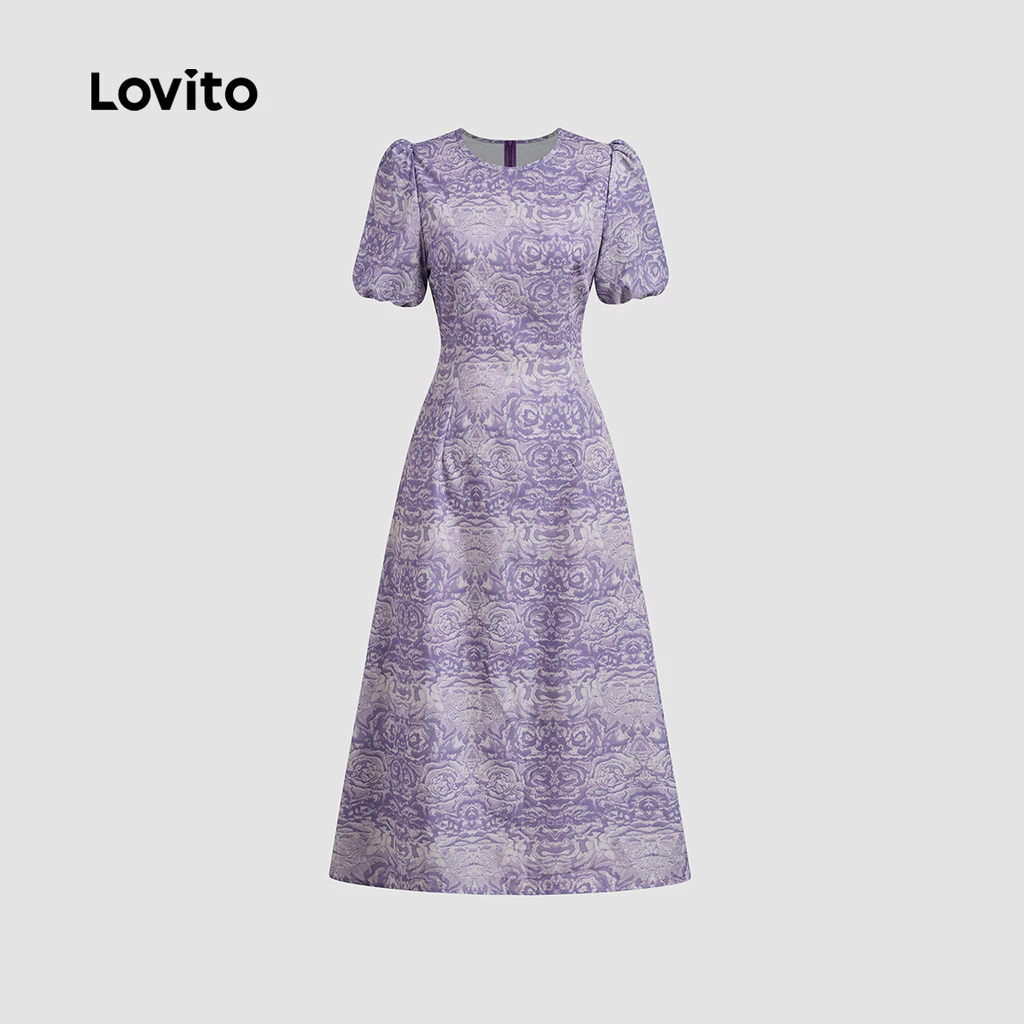 Lovito Elegant Dress Plicated Puff Sleeves Spring/summer Purple Dress for Women